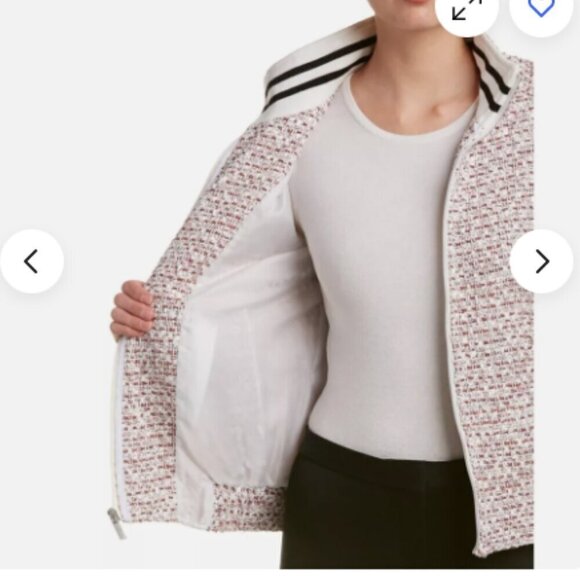 French Connection Zip Front Tweed Bomber Jacket White Red Size L EUC - Picture 15 of 16